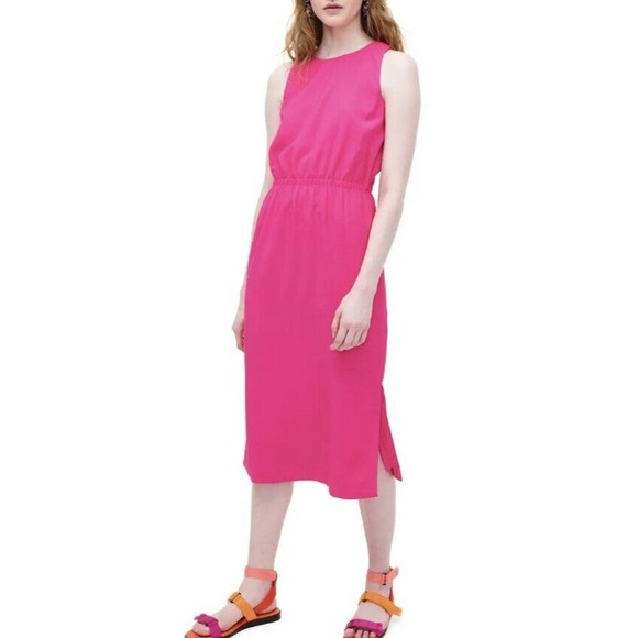 Fucshia button back elastic waist midi dress